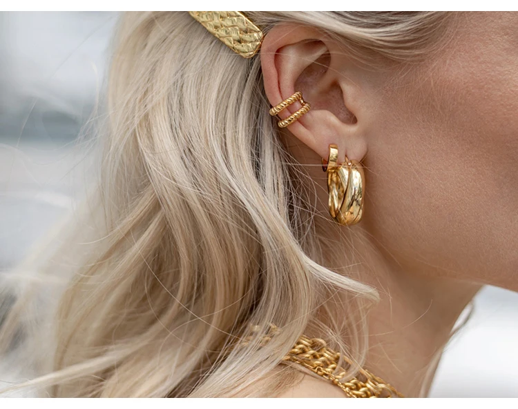 

Women fashion 18k gold pleated over brass earrings female ladies copper metal simple earring high quality jewelry