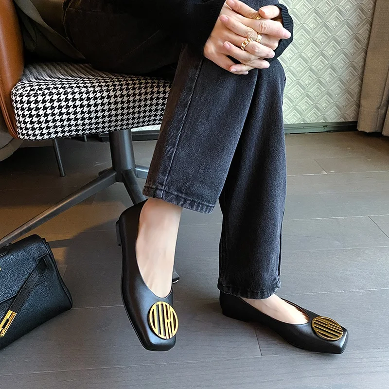 

women dress casual shoes genuine leather pumps low thick heels metal decoration square toe ladies footwear simple designer shoes