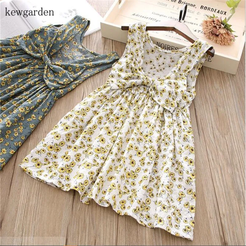 

Children Girls Dresses Bowknot Open Back Sleeveless Dress Kids Girl Summer Printed Chrysanthemum Clothing 3-7 Years