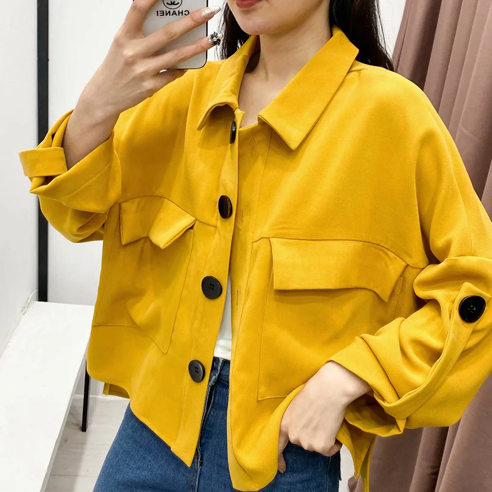 

2021 spring and Autumn New Women's design pocket French top solid loose Japanese work shirt jacket blouse