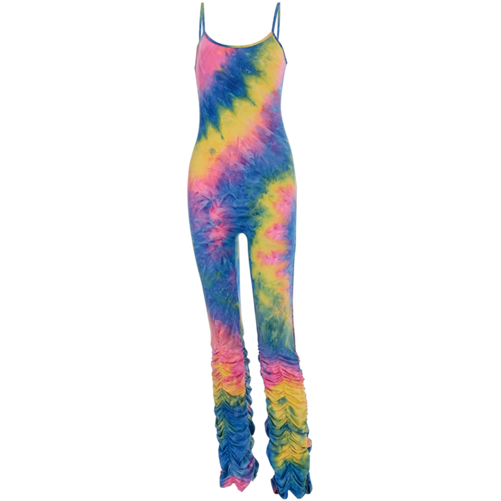 

Women Jumpsuit 2020 New Fashion Sleeveless Tie-Dye Printed Jumpsuit Fashion Slim-Fit Pleated Tights Romper Playsuits