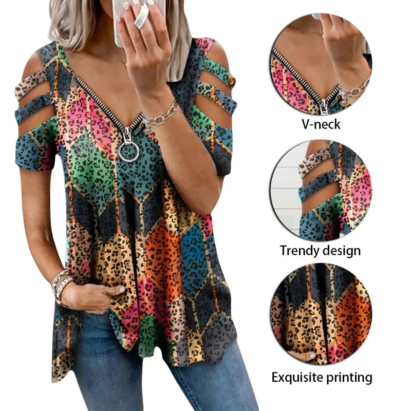 

Women's T-Shirt 2021 Summer Fashion Print Floral V-Neck Zipper Tshirt Hollow Pullover Casual Loose Oversize Ladies Top Tee Shirt