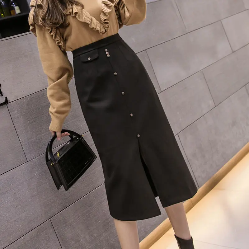 

Split Woolen Skirt Autumn and Winter Women 's Mid-Length High Waist A- line Dress 2020new Office Lady Skirt Sheath Dress