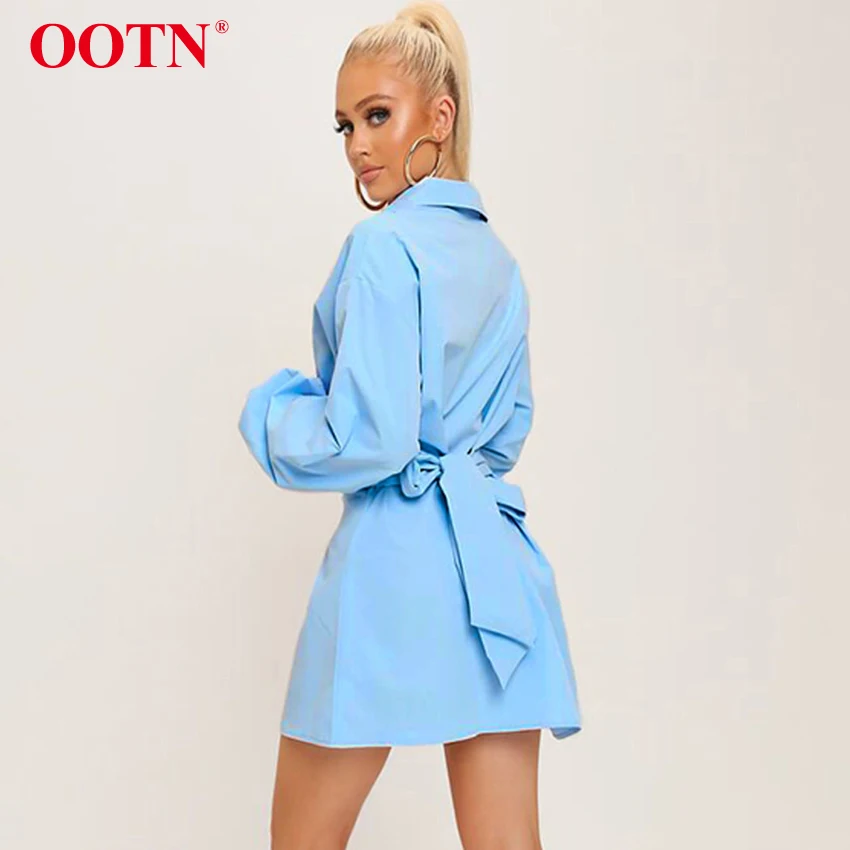 OOTN, отложной воротник, синяя туника, платье-рубашка, женское платье с длинным рукавом и поясом, офисное женское мини-платье, Осень-зима, повседневное белое платье