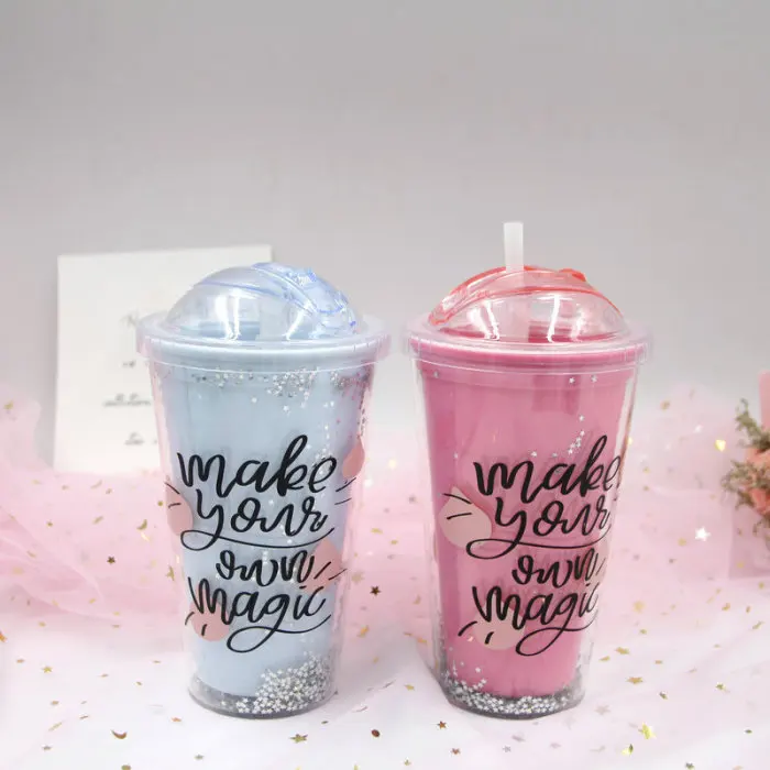 Hot Plastic Portable Hand-held Double Straw Cup Double Layer Student Water Cup L99