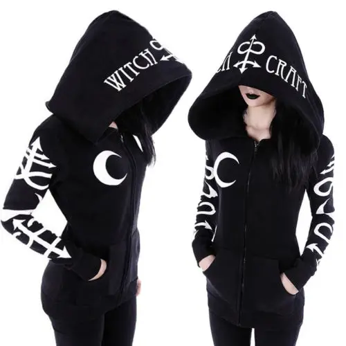 

Women Gothic Punk Zip up Long Sleeve Hoodies Moon and Letter Print Sports Sweatshirt Jacket Coat with Pockets Halloween Costume