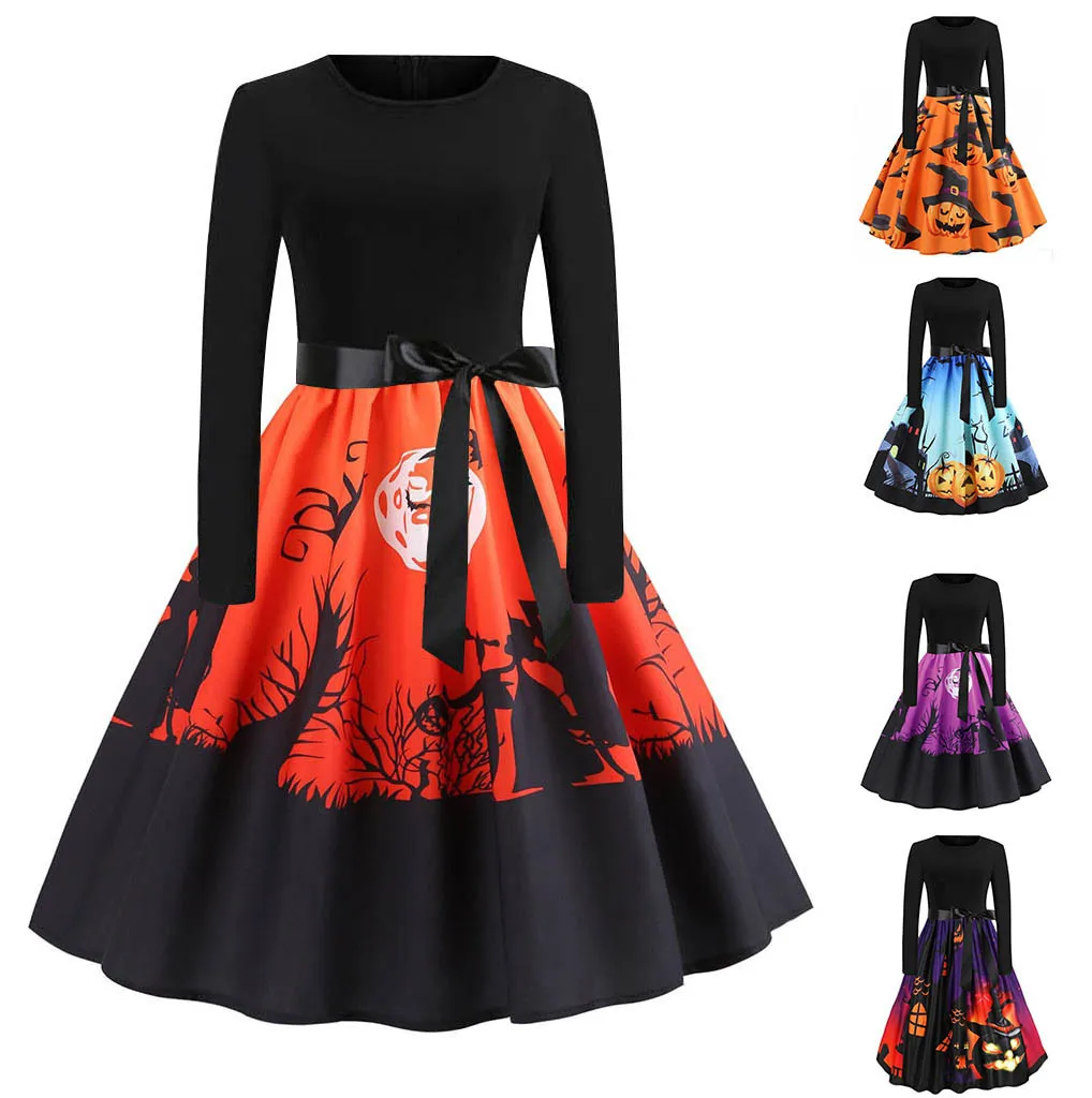 Женское платье на Хэллоуин женское с длинным рукавом музыкальным принтом тыквы
