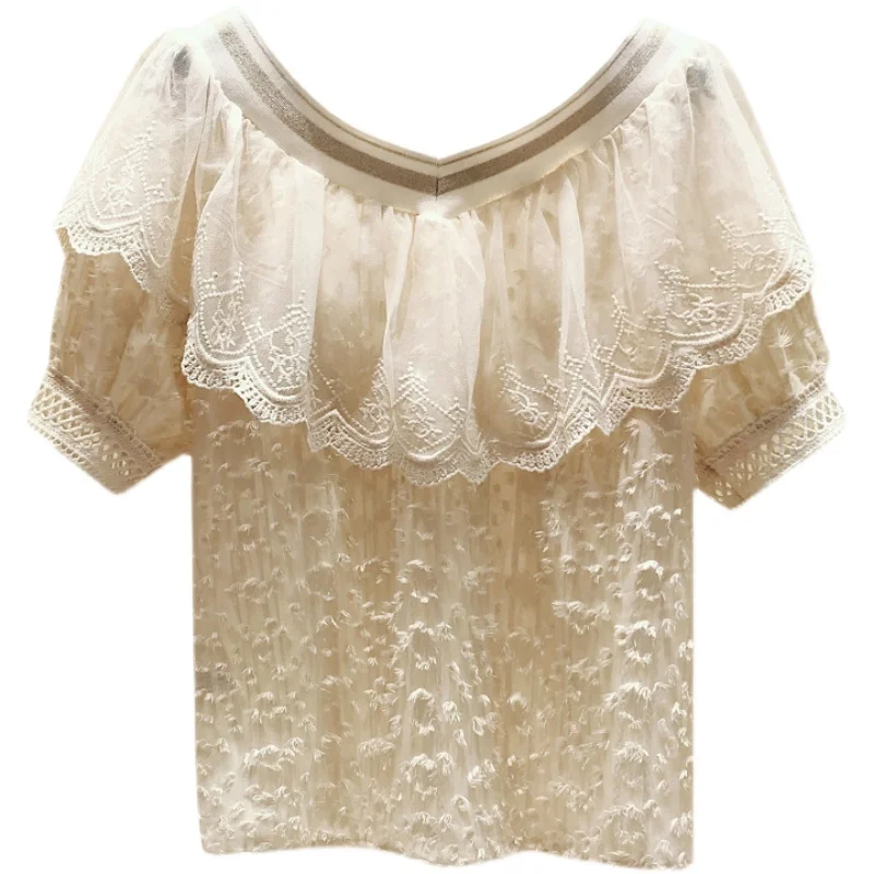 

Summer Lace T-Shirts Women V-Necl Short Sleeve Loose Casual Tassel Ruffles Patchwork Chiffon Shirts Tops Sweet Elegant Z619