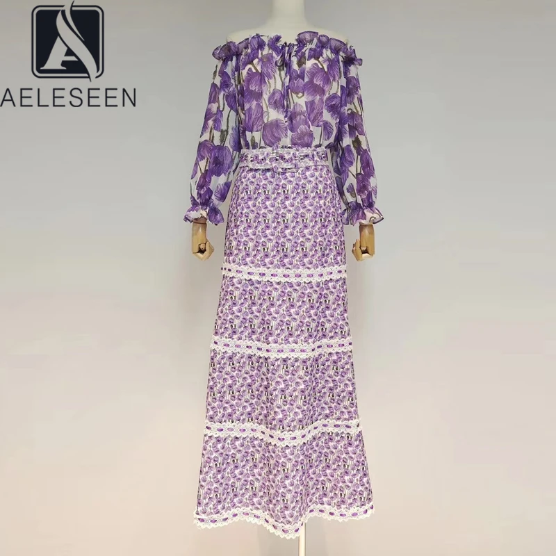 

AELESEEN Women Vintage 2 Pieces Set Spring Autumn Fashion Slash Neck Blouse+ Ruffles Skirt Purple Flower Printed Casual Sets