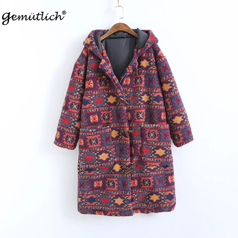GEMUTLICH женская зимняя теплая длинная куртка из овечьей шерсти с винтажным принтом