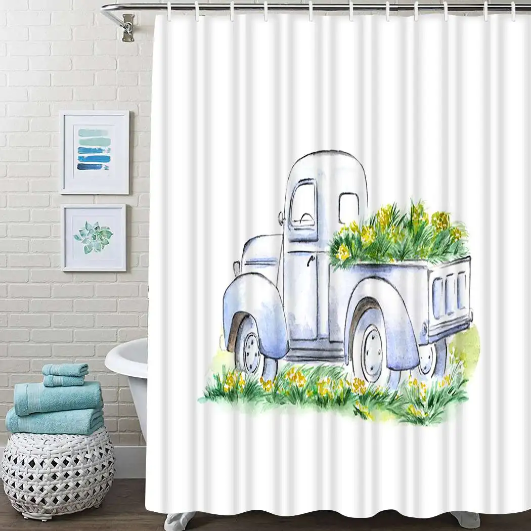 

Vintage Truck Flower Shower Curtain Old Car Shower Curtain Waterproof Fabric For Bathroom Decor Shower Curtains Set With Hooks