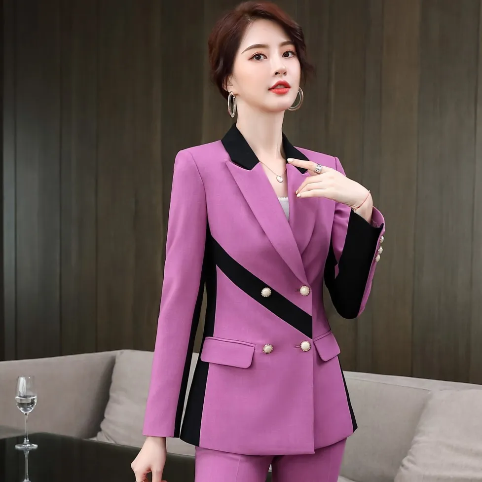 IZICFLY Autumn Winter New Patchwork Suit Woman With Pant Uniform Elegant Business Blazer aAnd Trouser Two Piece Set