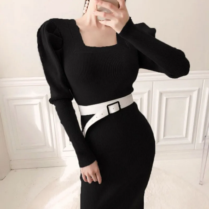 

2020 Winter Women Long sleeve Split A-line Knitted Dresses Pattern Bag hip Sweater Dress