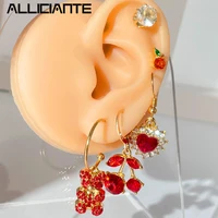 sweet red crystal cherry love heart dangle earring set for women bling rhinestone bear cartoon earrings fashion jewelry gifts