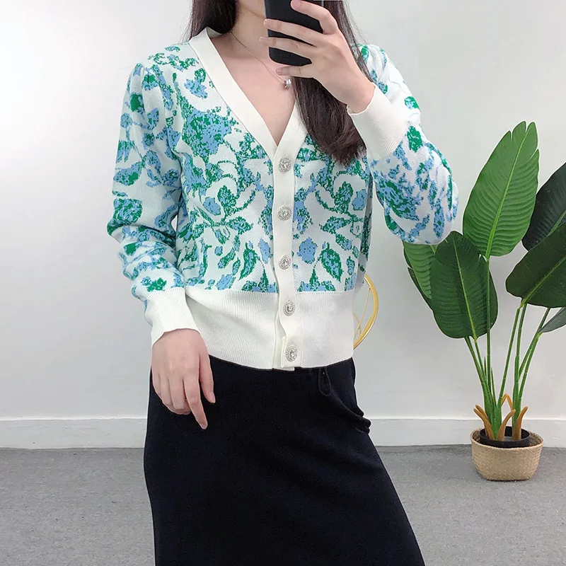 

Женский трикотажный жаккардовый кардиган с V-образным вырезом и длинным рукавом