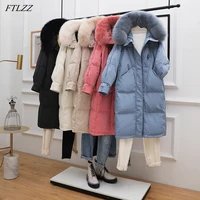 ftlzz winter women 90 white duck down long coat large real fur collar hooded jacket casual loose thick warm snow outerwear