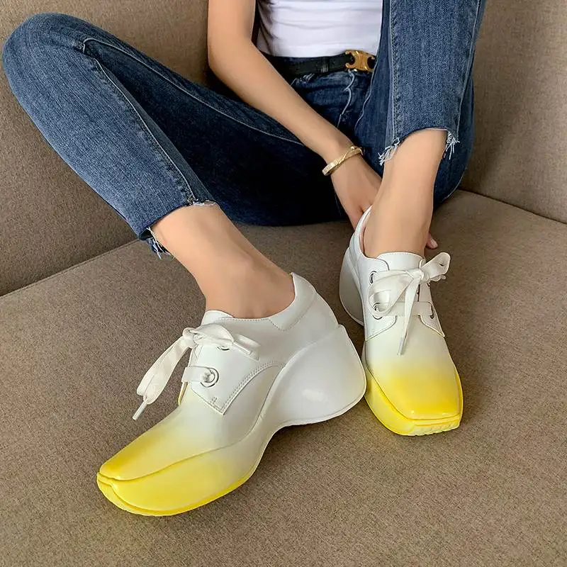 

Krazing pot full grain leather casual shoes sneakers wedges heel gradient lace up minimalist ice cream color vulcanized shoes