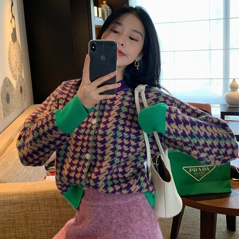 Женский трикотажный кардиган с рисунком гусиные лапки| |