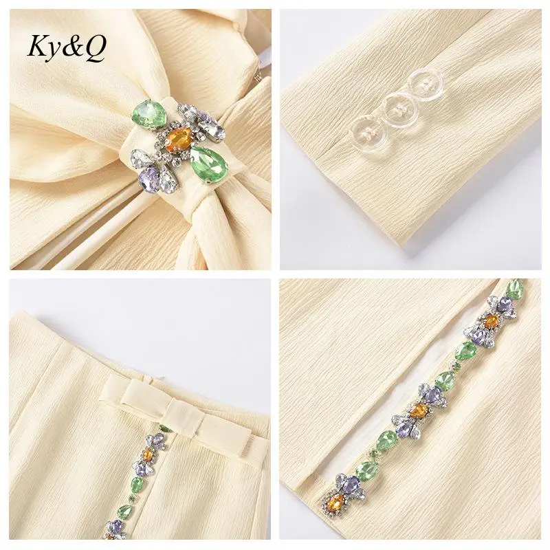 

Fashion Brand 2-Piece Set Beading Suit Coat + High Waist Skirt Women Temperament Bow Long Sleeve Suiting Outwear Split Skirts