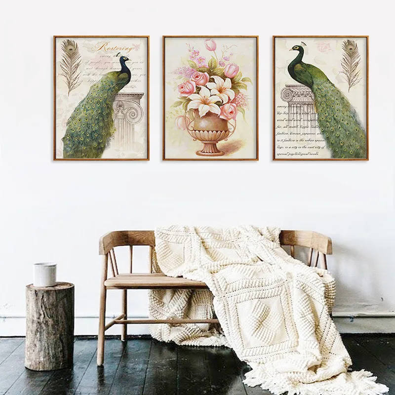 

European Retro Peacock Flowers Canvas Decorative Painting Poster Picture Album Photo Home Decor Wall Art Room Decoration
