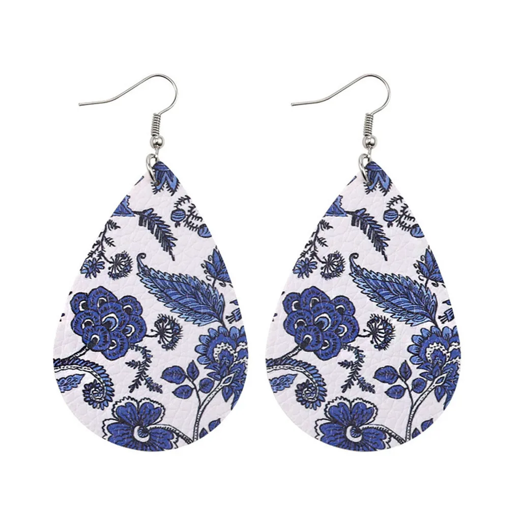 Модные Этнические серьги двухсторонние с принтом каплевидные кожаные сережки
