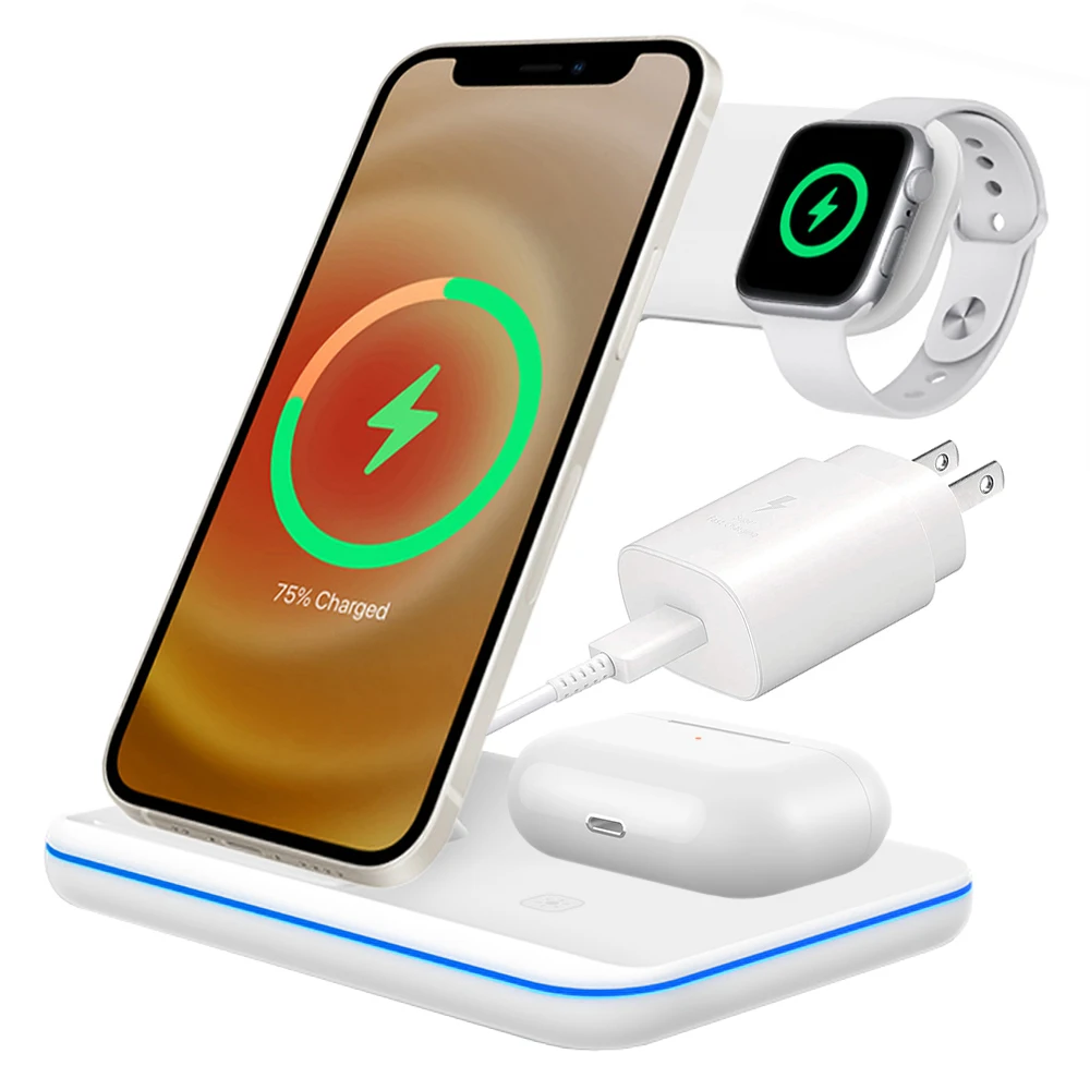 

Подставка для быстрой беспроводной зарядки 3 в 1 (белая | US 25W USB-C настенное зарядное устройство) для Apple iPhone 11 | 12 | 13 | Часы | AirPods Pro