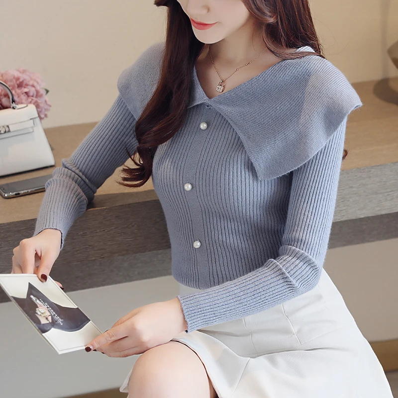 элегантный отложной воротник Синяя Женская одежда Женские свитера весна 2019