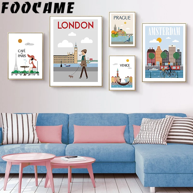 Fooshed The Morning City Лондон Нью Йорк винтажный постер с ландшафтом художественное Холст