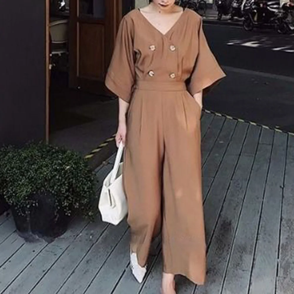 Сплошной цвет женский комбинезон 2020 Корейский Летний полурукав пуговицы Длина