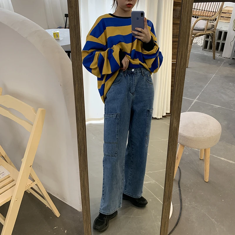 Джинсовые широкие брюки джинсы женские свободные прямые с высокой талией