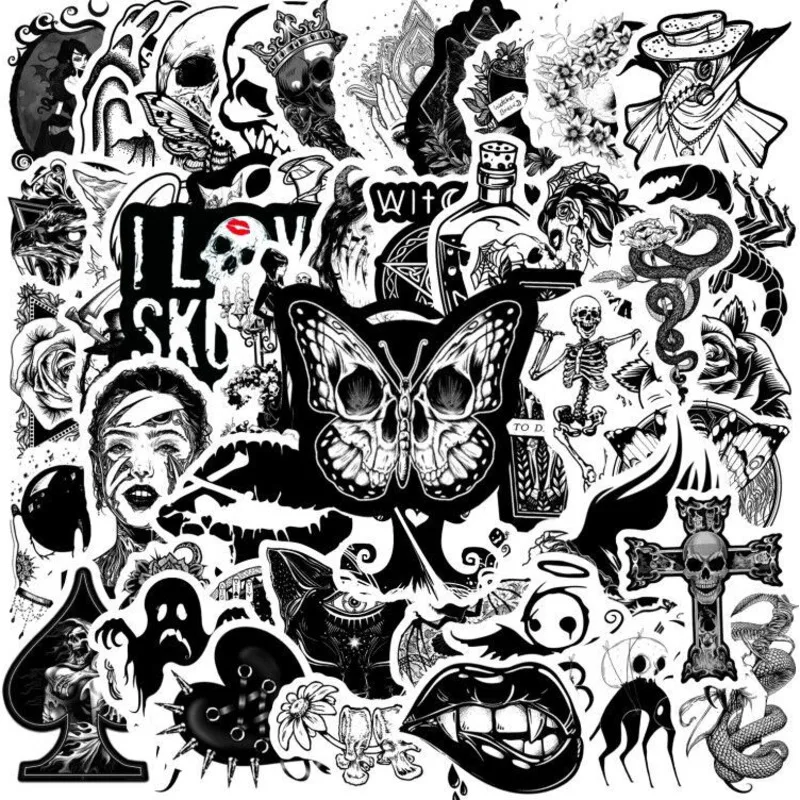 

50pcs Notebook Stickers Scrapbooking Black And White Punk Gothic Graffiti For Motorcycle Phone Laptop Trolley Sticker Waterproof