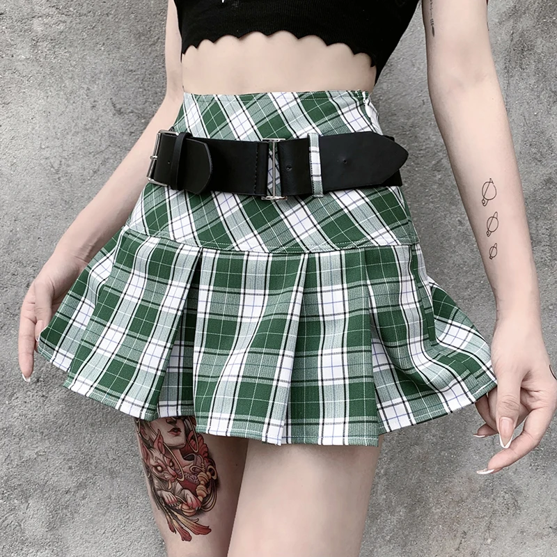 

Preppy Style Pleated Skirt Midi Plaid Brown Mini Skirts Y2K Harajuku Sexy Cute A-Line Bottoms Summer Women Casual Streetwear