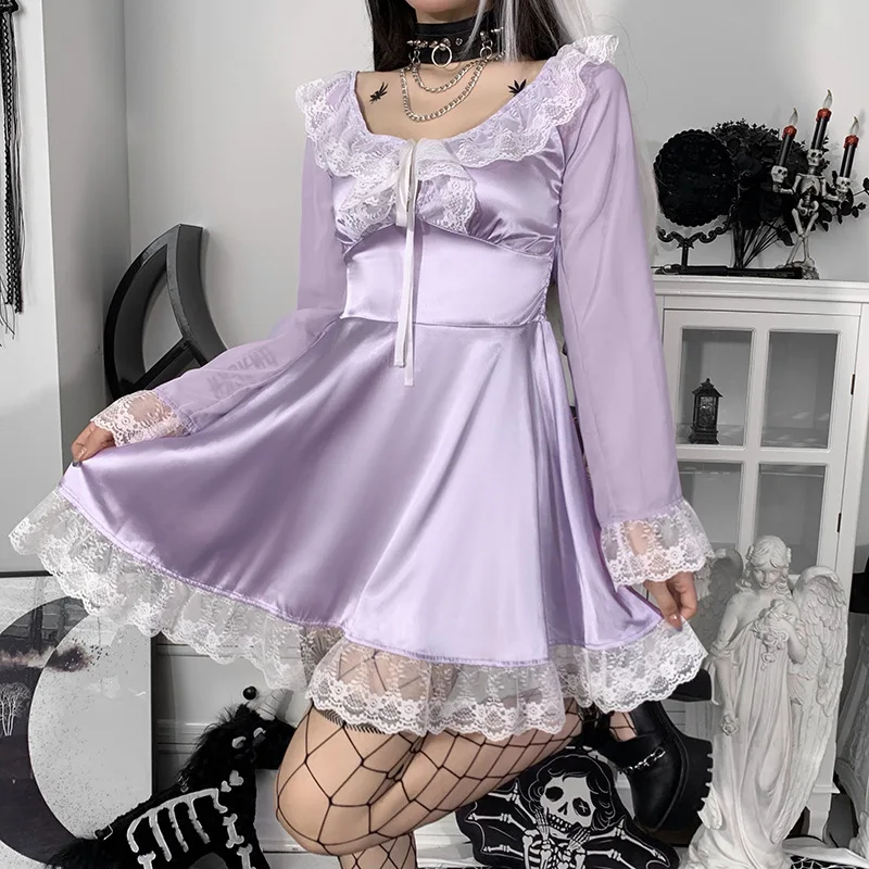 

New 90s Vintage Lolita Kawaii Satin Maid Dresses E-girl Gothic Lace Ruffles Patchwork A-lin Mini Harajuku Dress Women Streetwear