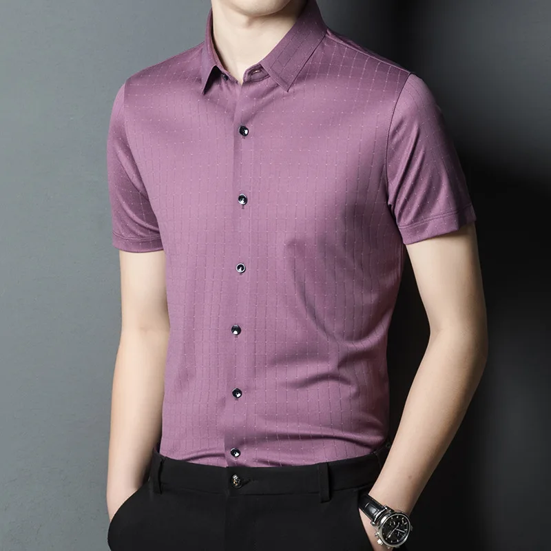 

2021 spring and summer silk shirt men's long sleeve solid color business fashion shirt middle age non iron vertical leisure