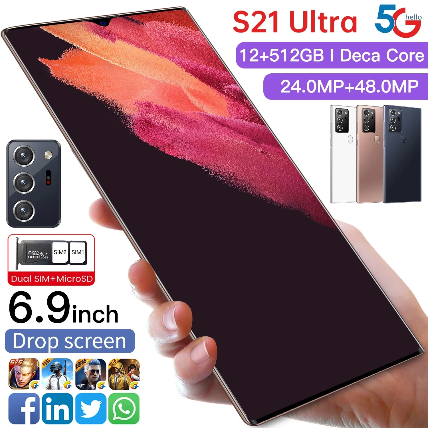 

2021New Global Version 10Core 6000mAh 12+512G 6.9" S21 Ultra Smartphone Big Screen With Face ID Dual SIM 4G5G Android Cellphone