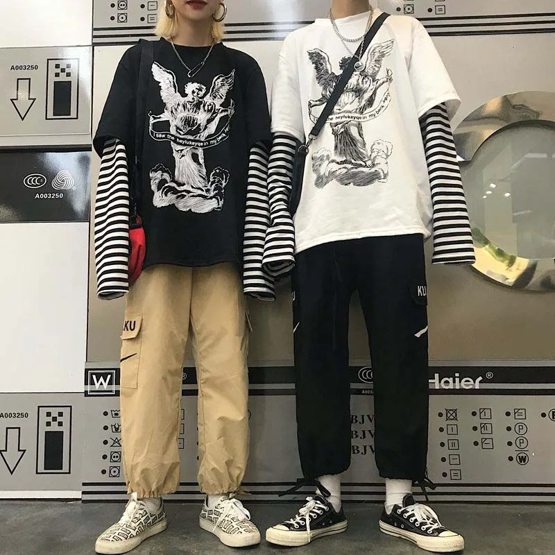 NiceMix Harajuku футболка женская поддельная 2 шт. принт японский Fujiang Ужасы комиксы длинный рукав рубашка Женская Vetement Femme