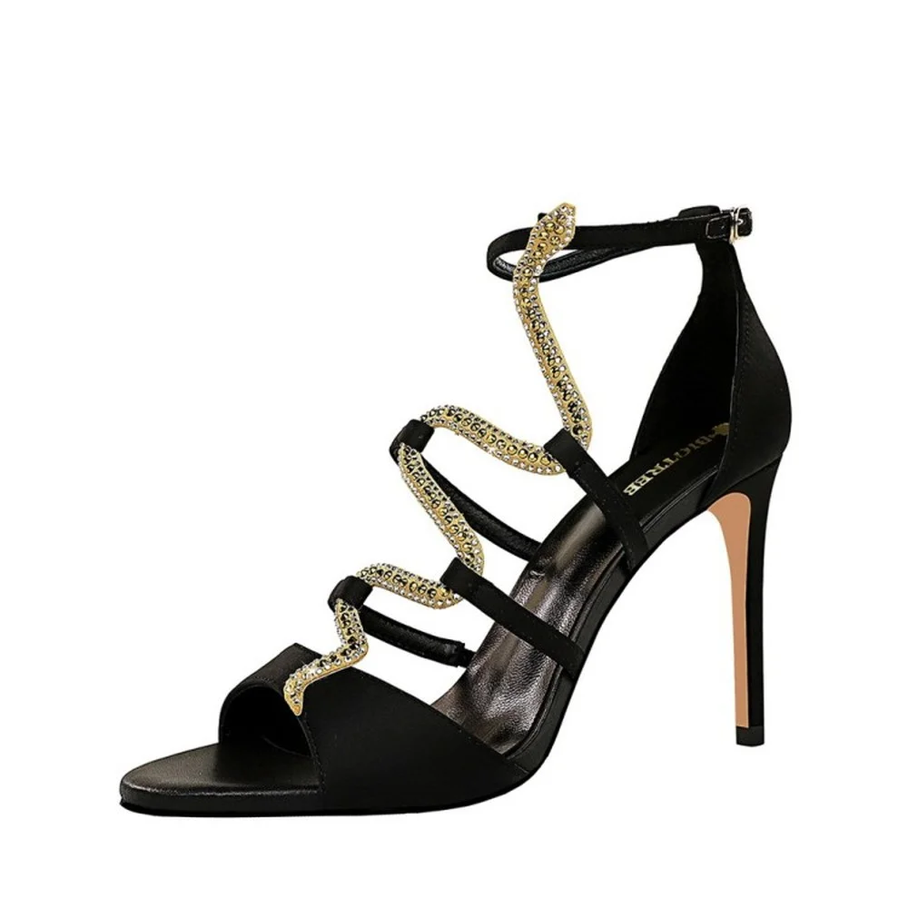 

Womens Peep Toe Snake Rhinestones Decor Stilettos High Heel Sandals Silk Shoes S-straps 4Colors New 2021
