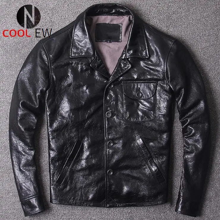 

Vintage Men Luxury Cowhide Natural Leather Motorcycle Jacket Retro Pockets Single Breasted Slim Fit Genuine Leather Short Coats