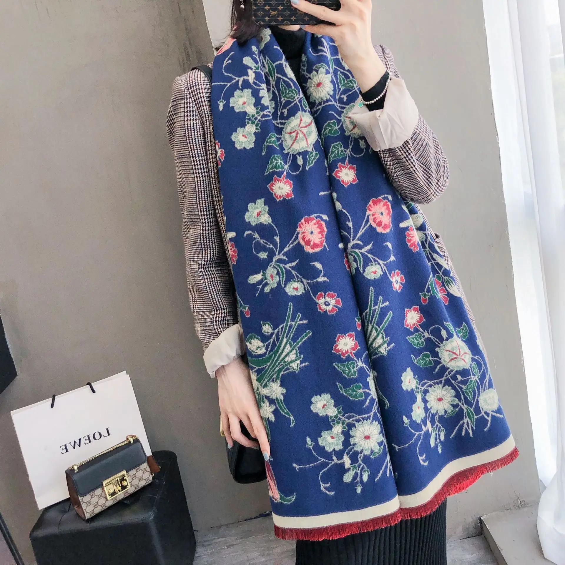 Navy Blue Зимние кашемировые шарфы для женщин, модный шарф из пашмины с цветочным принтом на шею, толстые теплые двухсторонние элегантные шали и палантины - Цвет: Navy Blue