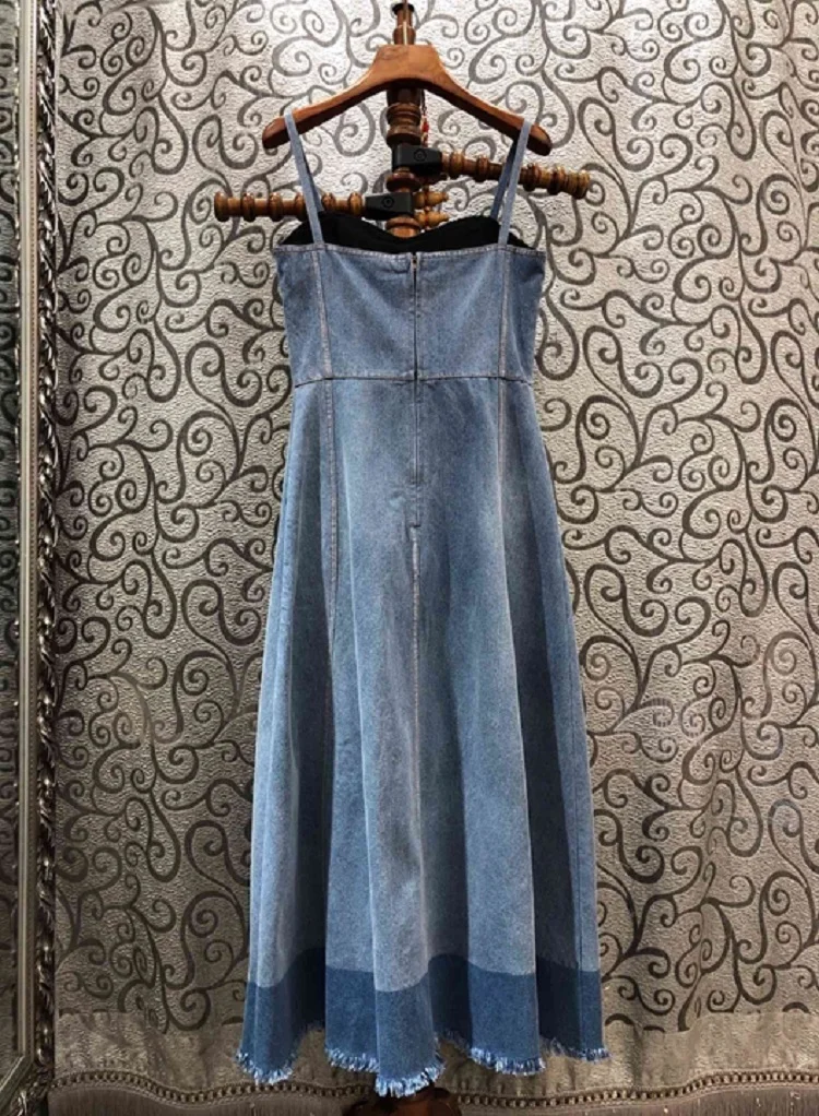 

Denim High Quality Dress 2021 Spring Summer Casual Jeans Dress Women Spaghetti Strap Color Block Mid-Calf Cotton Dress Cute Girl