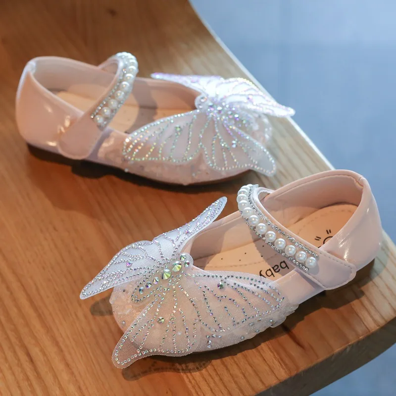 

Baby Girls Shoes Kids Leather Party Performance Beading Single Shoes Autumn Butterfly Rhinestone With Bling Pearl