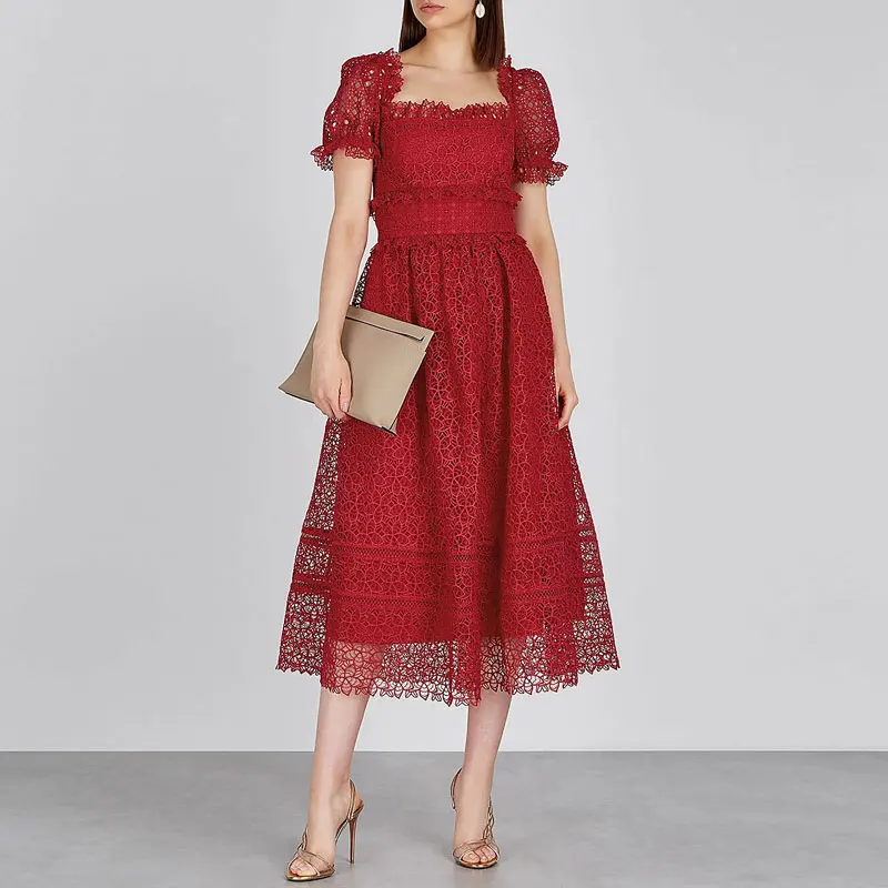 

High Quality Self Portrait Summer Lace Dresses Runway Women Sexy Hollow Out Crochet Red Dress Ruff Sleeve Party Long Dresses