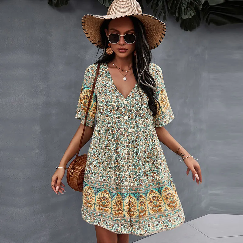 

2021 Spring Print Short Dress Women Casual V Neck Bohemian Short Sleeve Dress For Woman Fashion Sexy Summer Dress