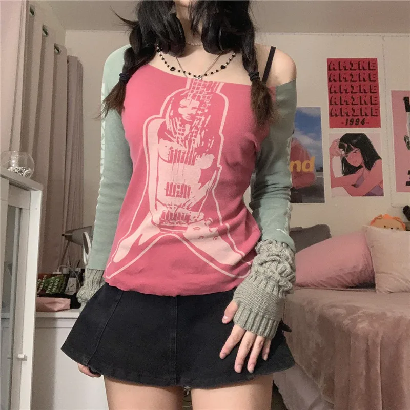 

Y2K Vintage Printed T-shirt 2022 Women Graphic Pattern Long Sleeve Tops Pink Autumn Winter Cute Casual Fairy Grunge Tees