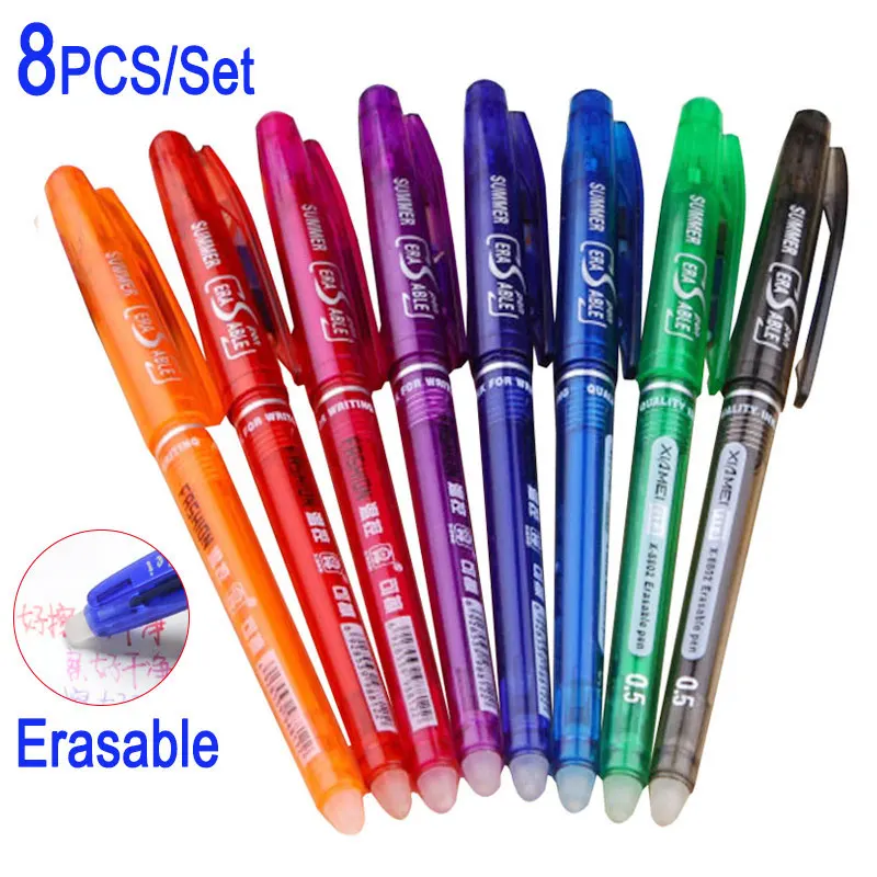 8Pcs/Set Erasable Gel Pen 0.5mm Bullet Tip Blue Black Ink Refill Rods 8 Color Avaliable Writing Drawing Painting Washable Handle