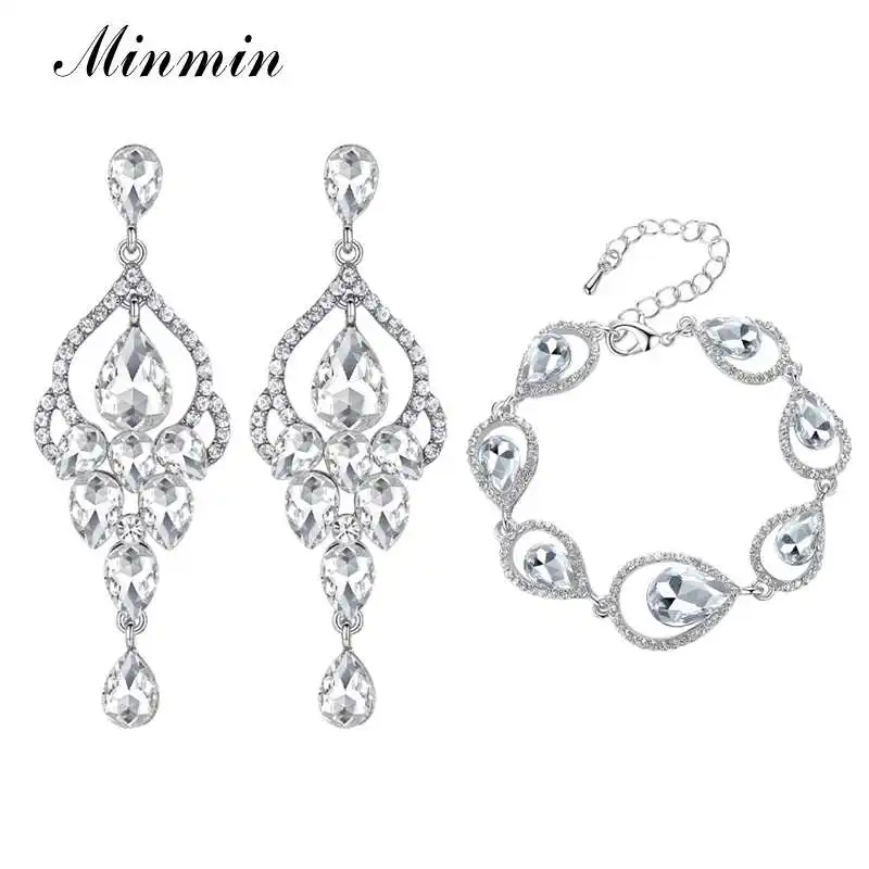 Minmin слеза с украшением в виде кристаллов Свадебные серьги браслет комплект