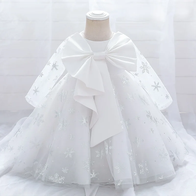 

Christmas New Year Costume Children Girl Kid's White Elegant Evening Wedding Formal Tulle Snowflake Fluffy Bridesmai Clothes