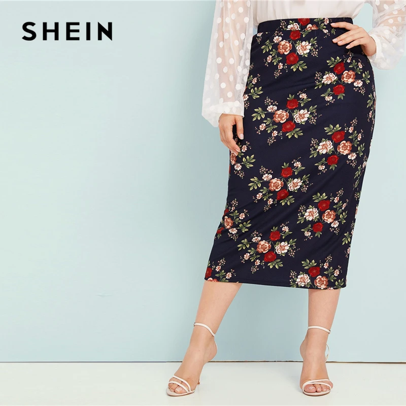 SHEIN плюс размер abaya темно-синие юбки-карандаш с цветочным принтом женские Летние Осенние большой размер; элегантные длинные Облегающие юбки