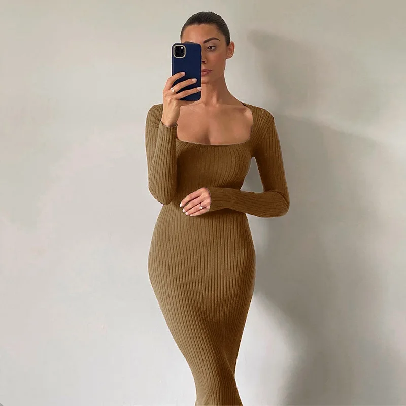 

Vestidos Autumn Winter Sexy Bodycon Square Neck Long Sleeve Dress Female Evening Elegant Party Solid Color Pullover Midi Dress