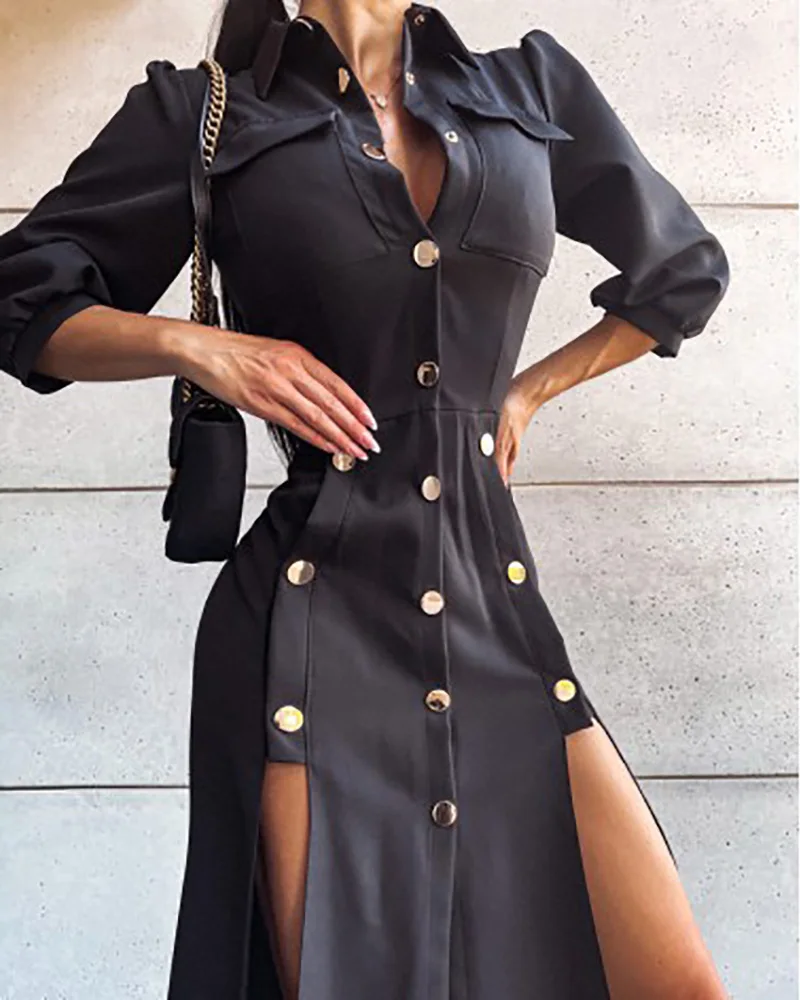 

Long Shirt Dress Women Button Design Puff Lantern Sleeve Slit Shirt Dress